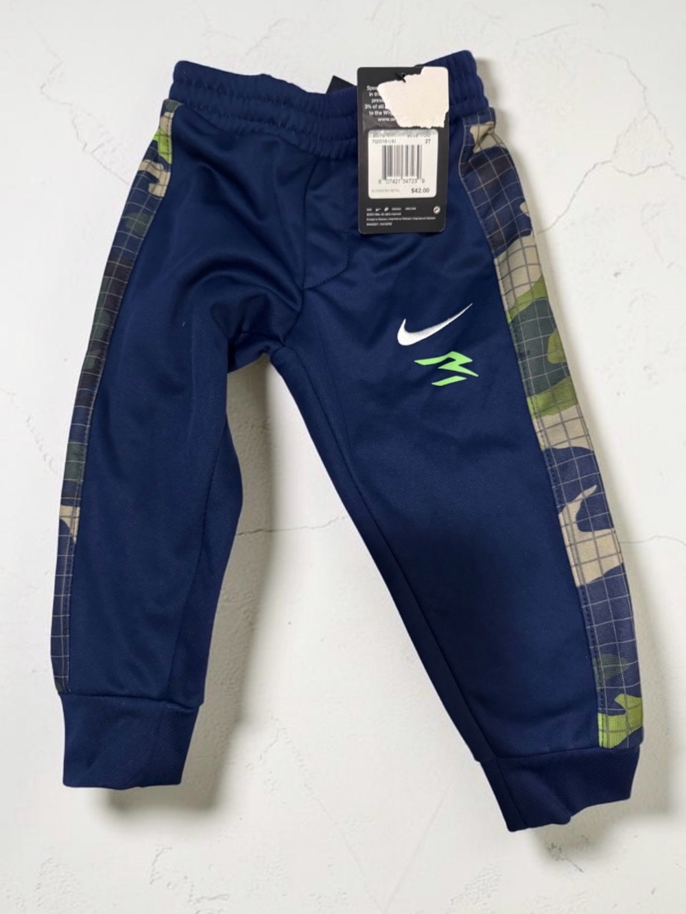 Nike Navy Sweatpants with Camo Side Panels and Lime Accent